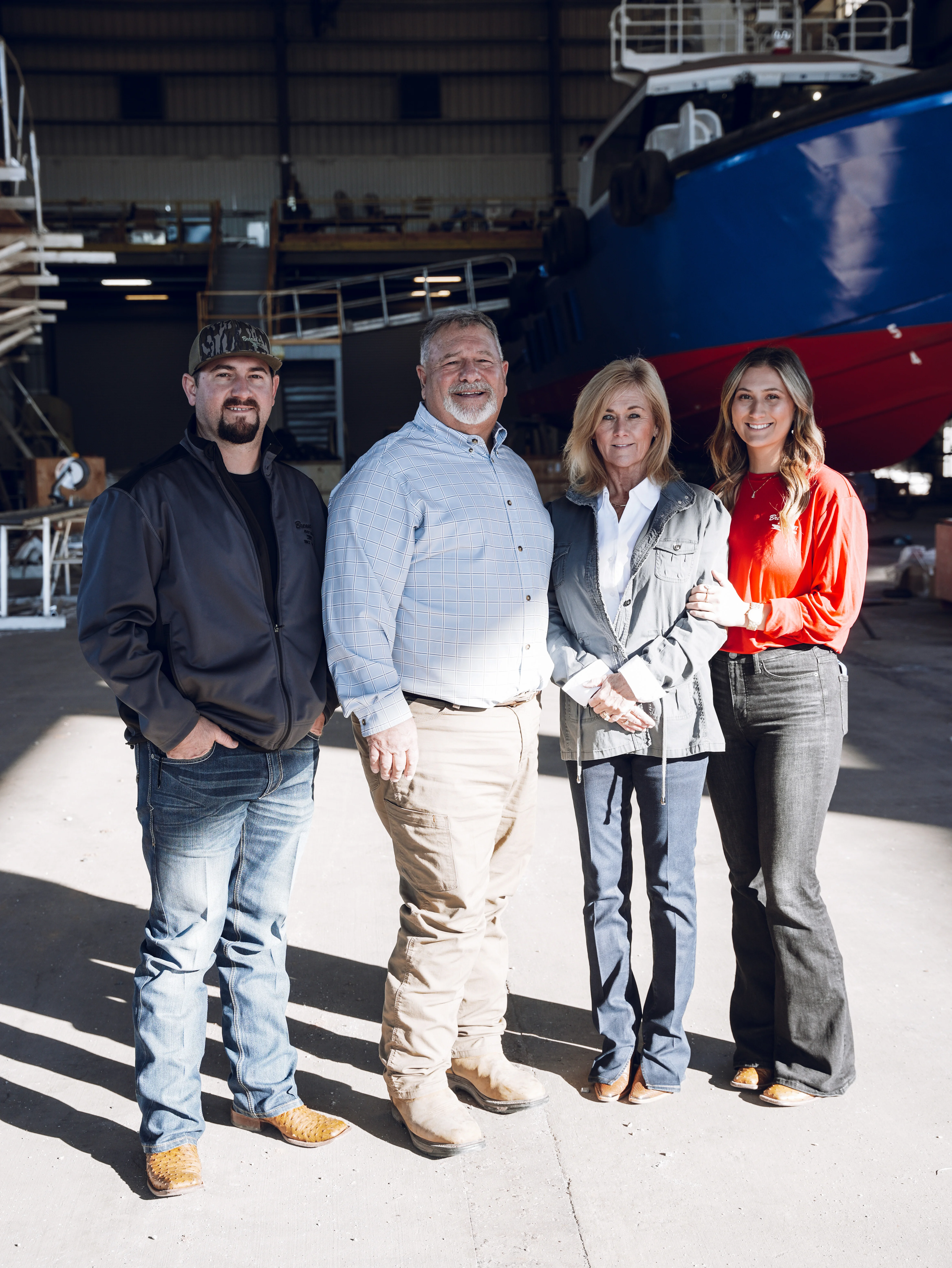 Three generations of the Breaux family together at the Loreauville shipyard