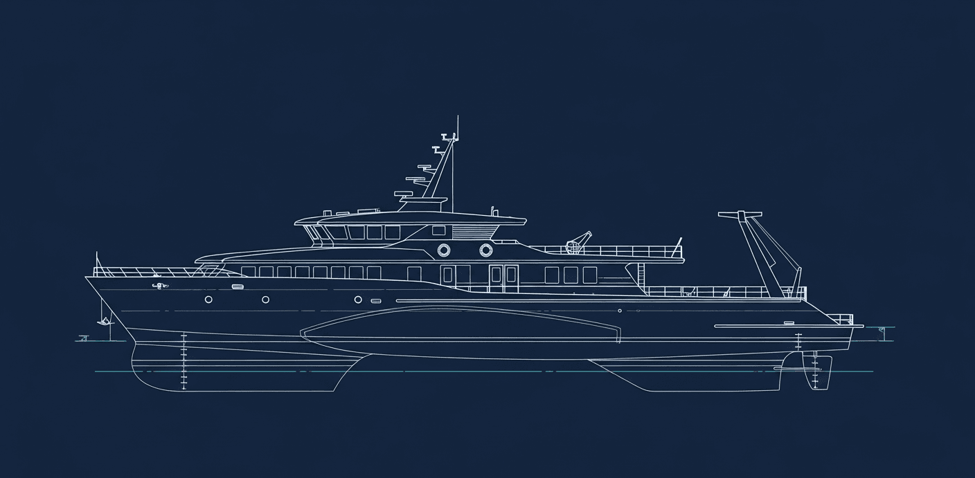 Research Catamaran side elevation blueprint
