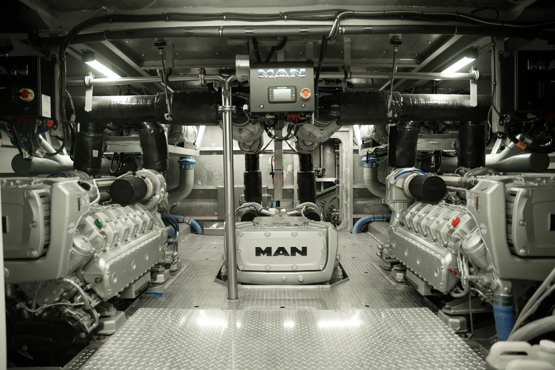 San Jacinto triple MAN diesel and Hamilton jet drive engine room